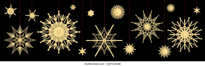 Straw stars. Different old fashioned vintage christmas tree deco. Vector illustration on black background.