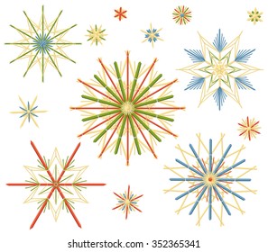 Straw stars - vintage christmas tree decoration. Isolated vector illustration on white background.