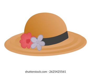 Straw summer hat with floral decoration. Cute vector illustration of beach sunhat with flowers and black ribbon. Perfect for kids fashion, summer designs, textiles, and travel themes.