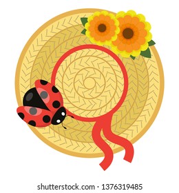 Straw summer hat with flowers and ladybug vector illustration