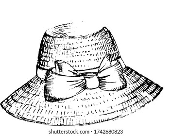 A straw summer hat with a large bow. Isolate. Vector illustration.