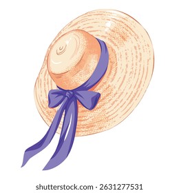 Straw Summer Hat with Ribbon. Fashionable Beach Accessory Vector
