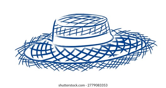 Straw summer panama hat. Boater hat drawn with single continuous. fashion accessory headwear. Vector doodle illustration. Isolated on a white background. 
