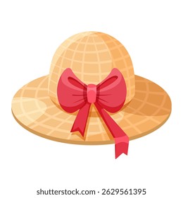Straw sun hat with red ribbon bow in cartoon style on white background. Concept of summer fashion accessory. Vector illustration
