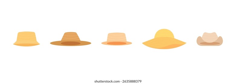 Straw sun hat set. Summer head accessory, headwear. Vector flat illustration isolated