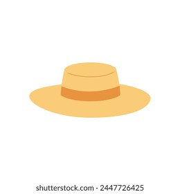 Straw sun hat vector illustration isolated. Flat hand drawn clip art of summer accessory with ribbon.