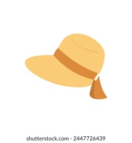 Straw sun hat vector illustration isolated. Flat hand drawn clip art of summer accessory with ribbon.