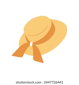 Straw sun hat vector illustration isolated. Flat hand drawn clip art of summer accessory with ribbon.