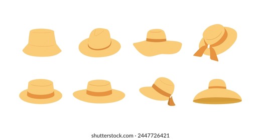 Los sombreros de paja establecen la Ilustración vectorial aislada. Diferentes sombreros de verano colección plana dibujada a mano.