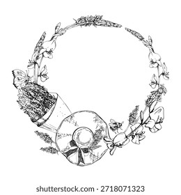 Chapéu de sol de palha com laço de fita, buquê de lavandula lavanda envolto em cone, abelha-borboleta voadora. Mão isolada da ilustração do quadro da grinalda desenhada em tinta vetorial. Etiqueta de cosméticos, brindes de fragrância caseira
