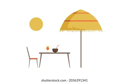 Straw Umbrella, Table and Cocktail as Summer Time Element Vector Illustration
