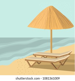 Straw umbrellas and sunbeds. Vector illustration.