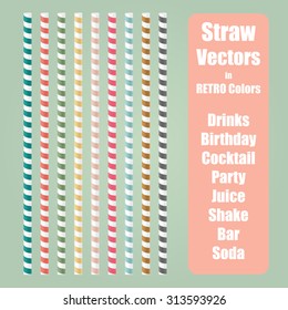 Straw vector set in nine different retro colors with screwed line pattern. Collection of retro color straws.