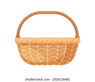 Straw wicker basket with handle. Woven wickerwork without lid or cover. Realistic empty basketwork for storage. Colored flat vector illustration of traditional basketry isolated on white background