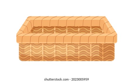 Straw wicker basket of rectangular shape. Empty woven container without lid. Realistic interior item of wickerwork. Colored flat vector illustration isolated on white background