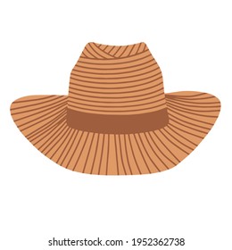 A straw wicker hat with a brim. Summer headdress. Vector illustration in a flat cartoon style.