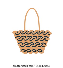 Straw woven shoulder tote bag. Beach summer rattan knitted handbag. Women accessory of trapeze shape. Modern fashion weaven female item. Flat vector illustration isolated on white background