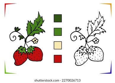 Strawberrie Coloring Page. Vector Educational worksheet colored by sample. Paint game preschool kids. Elements for coloring book, page, printing, design illustrations in the style of outline for kids