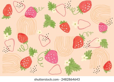 Strawberries abstract pattern. Vector watercolor illustration with berries and leaves. Watercolor Strawberry Pattern. 