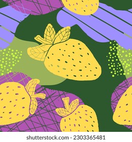 Strawberries and abstract spots, texture pattern. Vector colored seamless pattern. For print, design, fabric, wallpaper, paper.