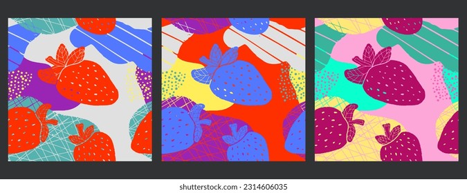 Strawberries and abstract spots, texture pattern. Vector colored seamless pattern. For print, design, fabric, wallpaper, paper. Set of three patterns.