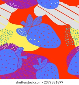 Strawberries and abstract spots, texture pattern. Vector colored seamless pattern. For print, design, fabric, wallpaper, paper