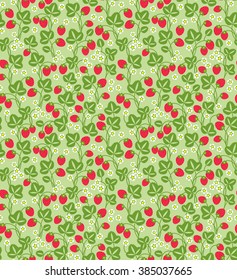 Strawberries background. Seamless fruits pattern of strawberries on a green background.