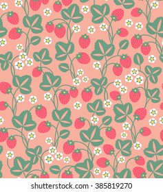 Strawberries background. Seamless fruits pattern of strawberries. Red strawberry and cute white flowers and leaves. Pink background.