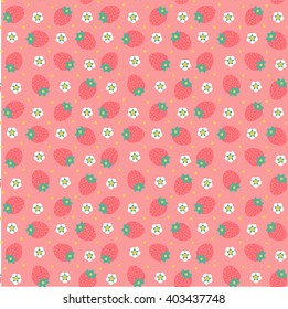 Strawberries background. Seamless fruits pattern of strawberry. Red strawberry and cute white flowers and leafs. Pink background.