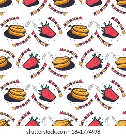 Fresas y plátanos. Patrón sin brillo en un fondo blanco. Ilustración vectorial de corte.