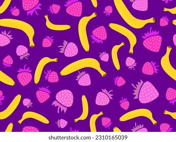 Erdbeeren mit nahtlosem Bananenmuster. Bananen und Erdbeeren auf violettem Hintergrund. Sommerfruchtmischung im minimalistischen Stil. Design für Wrapper, Drucke auf Papier, Banner. Vektorgrafik