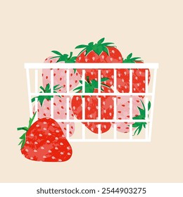 Strawberries in basket colorful wallpaper print background. Fruit illustration isolated on background. Greeting card with strawberry for your design