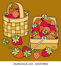 Strawberries in baskets cartoon vector hand drawn abstract illustration