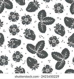 Strawberries Black and White Seamless Pattern. Berry, Leaf and Flower of Strawberry. Berries Background. Fruit Wallpaper. Vector Illustration
