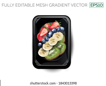 Strawberries, blueberries, banana and kiwi in a lunchbox.