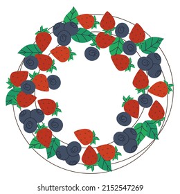 Strawberries and blueberries are laid out in a circle with leaves and a branch. Edible decoration or frame. Flat vector illustration. Eps10