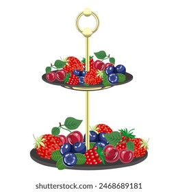 Strawberries, blueberries, raspberries, cherries on a two-tier stand on a white background. Vector illustration of a berry composition for summer holiday designs, restaurant menus.