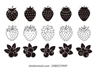 Strawberries and blueberries set  silhouette and line art vector