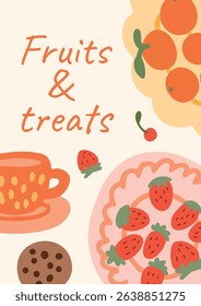 Strawberries in Bowl with Orange Fruits, Cookie and Cup of Tea. Fruit and Dessert Concept. Hand drawn doodle composition in flat vector style. For greeting card, menu, print.