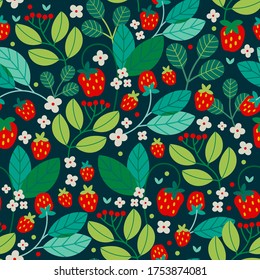 Strawberries, branches, Flowers, Leaves,. Hand drawn Vector illustration. Fresh green. Square repeating design for fabric, textile, wrapping paper. Colorful Seamless Pattern, Wallpaper, Background