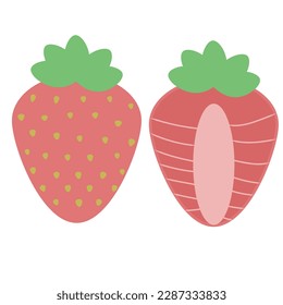 Strawberries in cartoon style on a white background. Strawberries in the section. Minimalism. Beautiful ripe strawberries. Vector illustration. A small set of simple strawberries. Summer berries
