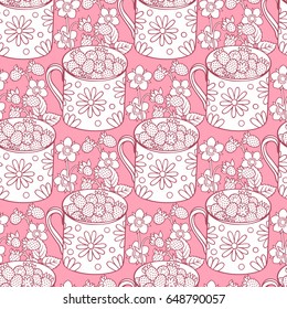 Strawberries cartoon vector hand drawn abstract seamless pattern