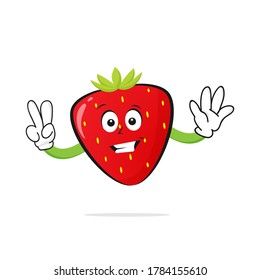 The Strawberries character smiles with two fingers up on the white background - vector