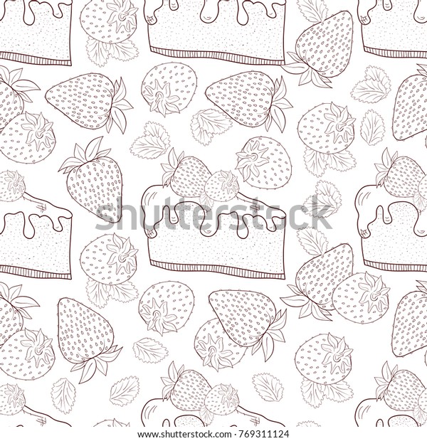 Strawberries Cheesecake Background Wallpaper Seamless Monochrome Stock