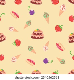 Fresas, cerezas y grosellas decorarán cualquier postre y le darán un sabor inolvidable, postre, confitería, Vector, ilustración, fondo, arte, comida, mermelada, cono de gofre, patrón transparente
