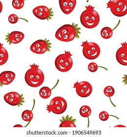 Strawberries, cherries, pomegranates. Seamless patterns with berries. Red fruits, berries, strawberry love. Red fruit. Flat cartoon style. Great for kitchen, tableware, fabric