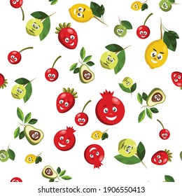 Strawberries, cherries, pomegranates, , . Seamless patterns with berries. Red fruits, berries, strawberry love. Red fruit Flat cartoon style Great for kitchen tableware fabric