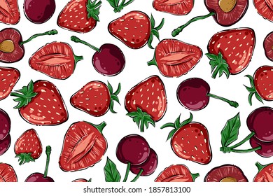 Erdbeeren und Kirschen nahtlos Muster, Farbe, Vektorgrafik