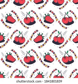 Fresas y cerezas. Patrón sin brillo en un fondo blanco. Ilustración vectorial de corte.