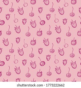 Fresas y cerezas, patrón sin soldadura, ilustración vectorial, dibujo a mano, color rojo y rosa
